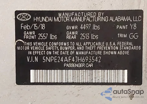 2018 Hyundai Sonata Se z USA, uszkodzony, nr VIN 5NPE24AF4JH693542